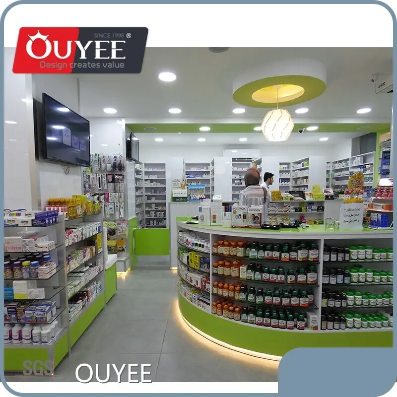 Custom Medical Store Display Counter Circular Wooden Pharmacy Shelves 1