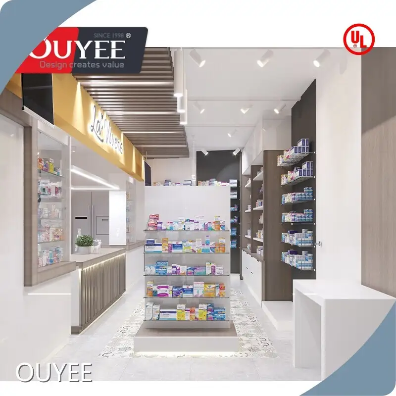 3D Pharmacy Interior Wooden & Acrylic Steel Wall Display Shelves Stand 1