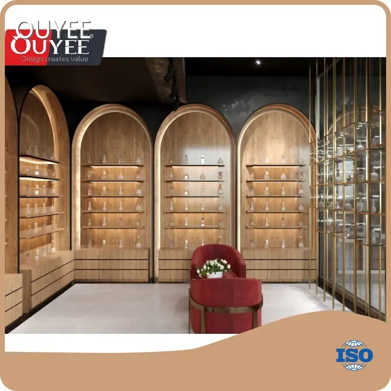 Wooden Perfume Display Shelf with LED Light Strip 1