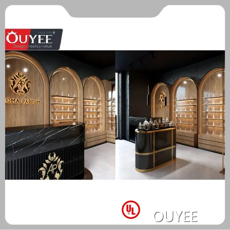 Perfume Shop Marble Display Counter & Wood Veneer Shelves with Light 1