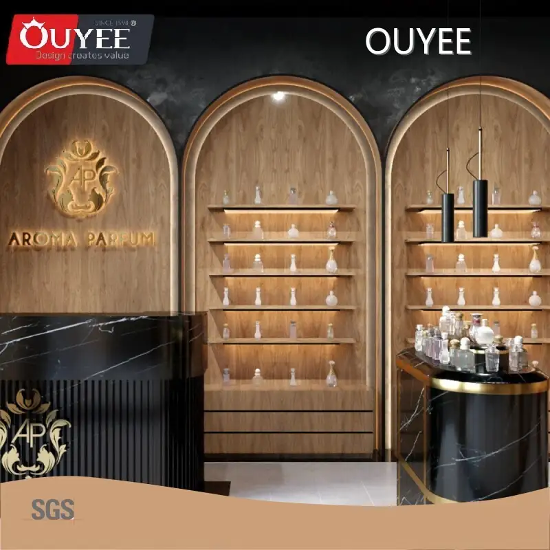 Marble Perfume Display Counter Wood Veneer Arched Wall Showcase LED 1