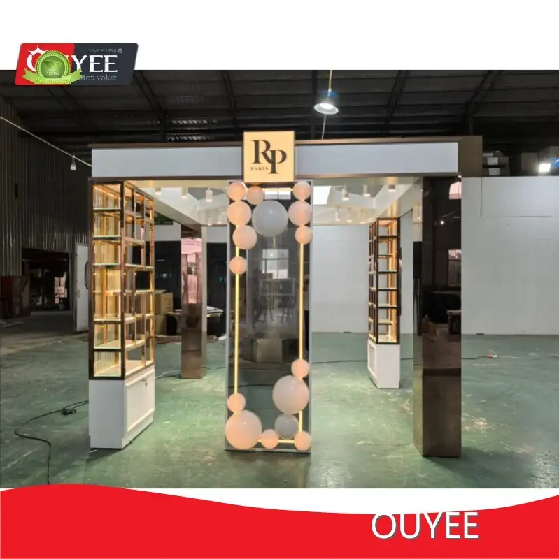 Perfume Kiosk - Custom Fragrance Booth with Glass Shelves & Gold SS 1