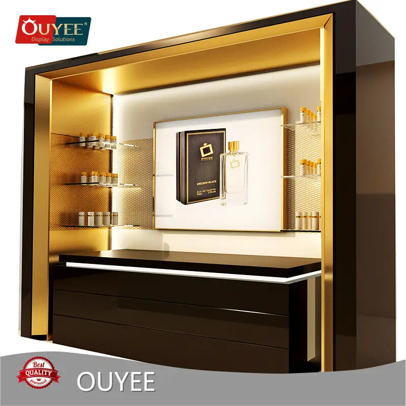 Custom MDF Perfume & Cosmetic Display Shelf Black-Gold Shop Case 1