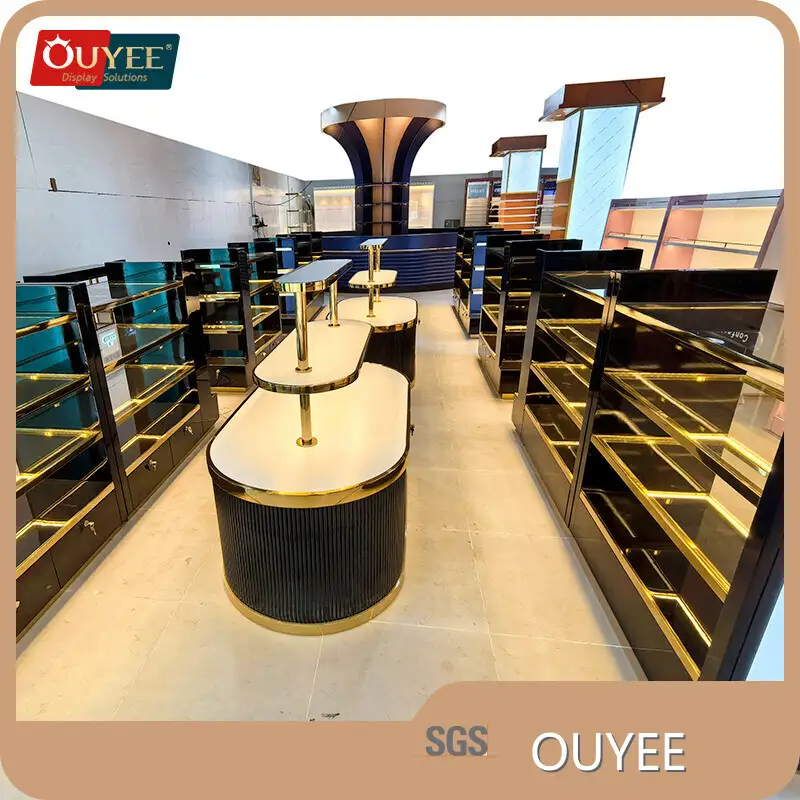 Gold Stainless Steel Glass Perfume Shop Display Stand, Shelves & Table 1