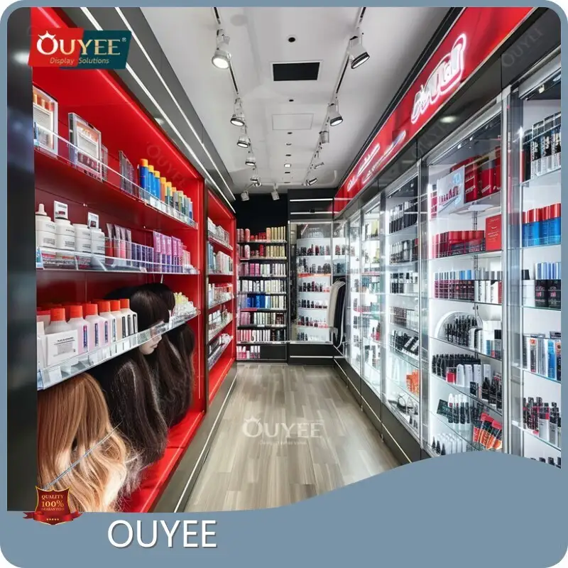 Acrylic Beauty Supply Gondola with Wig, Makeup & Perfume Display Rack 1