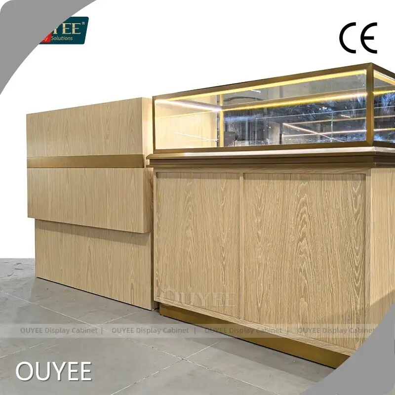 Wood Jewelry Display Counter - Lighted Glass Jewelry Showcase Cabinet 1