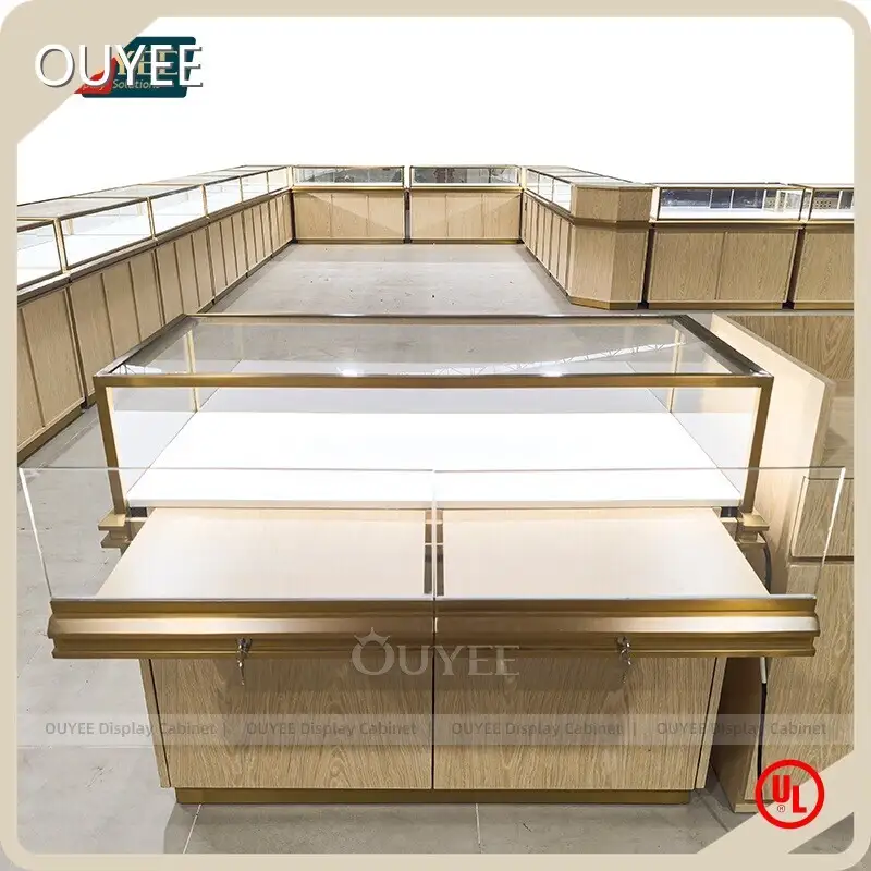 Wooden Jewelry Shop Counter with Glass Island, Mirror & Safe 1