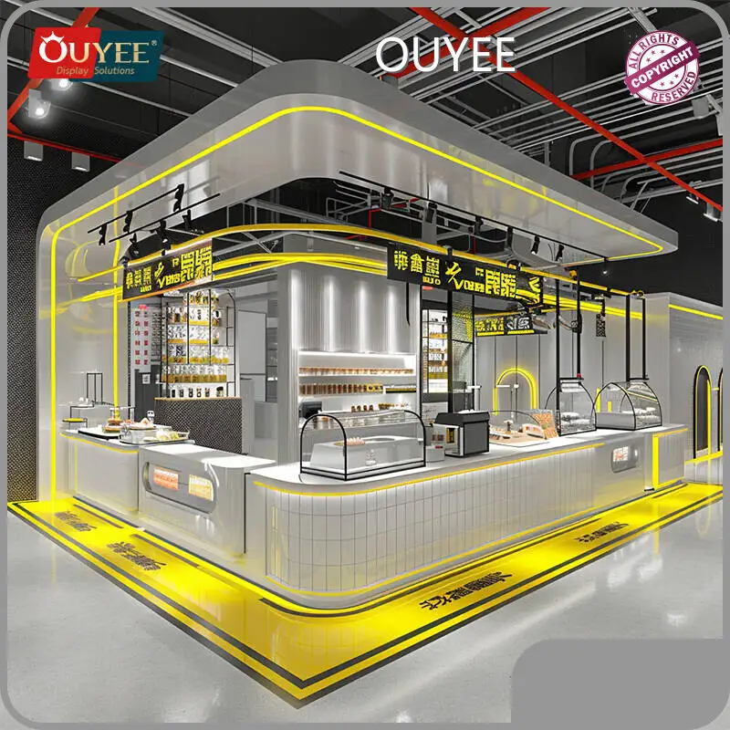 Coffee Shop Display Kiosk - Bubble Tea Counter with Yellow LED Lights 1