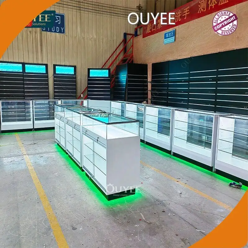 Tobacco Shop Wall Glass Display Cabinet Gold Wood Shelf with Lock 1