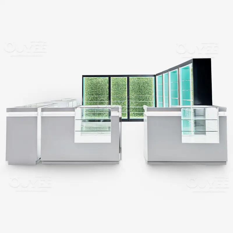 Custom White Smoke Shop Display Case with LED Backlit Cannabis Wall Shelving 1