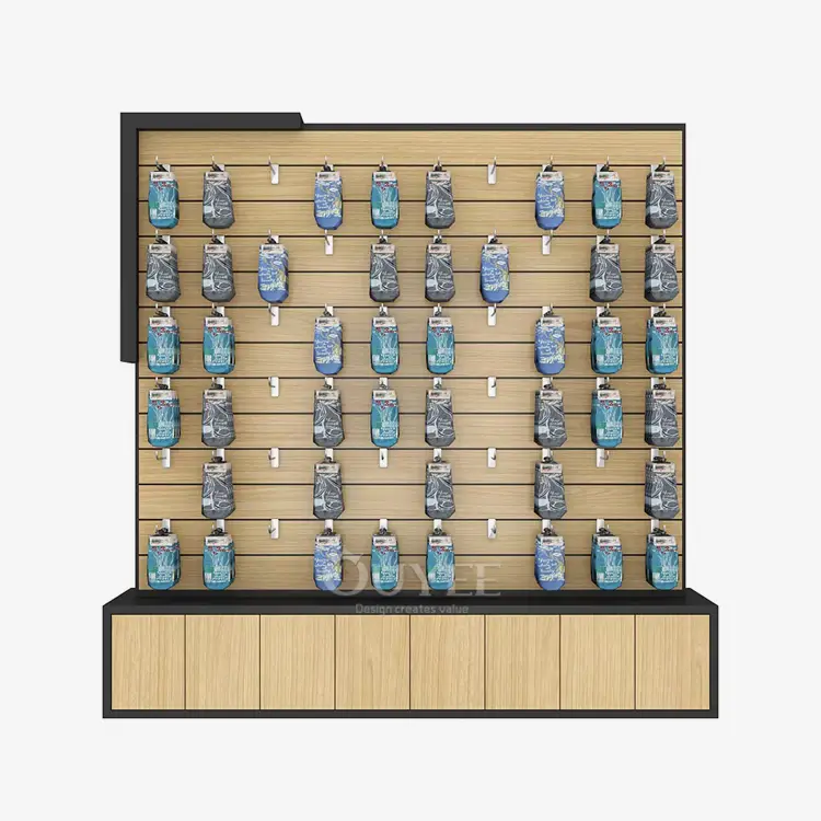 Custom Wood Slatwall Display with Black Frame & Storage Base | Ouyee 1