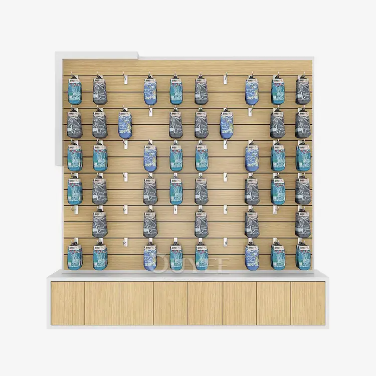 Custom Wood Slatwall Display with White Frame & Storage Base | Ouyee 1