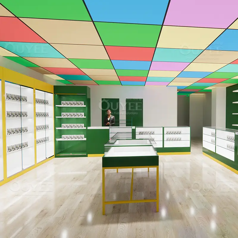 Green & Yellow Cannabis Dispensary Display System | Custom Wall Cabinets & Retail Shelving 1