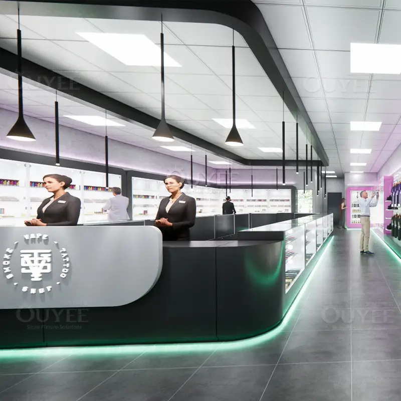 Black Curved Vape & Smoke Shop Display Counter with LED Base Lighting 1