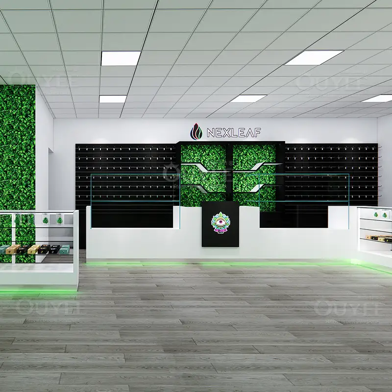 Modern Black Cannabis Dispensary Display Counters with Glass Showcases & LED Base Lighting 1