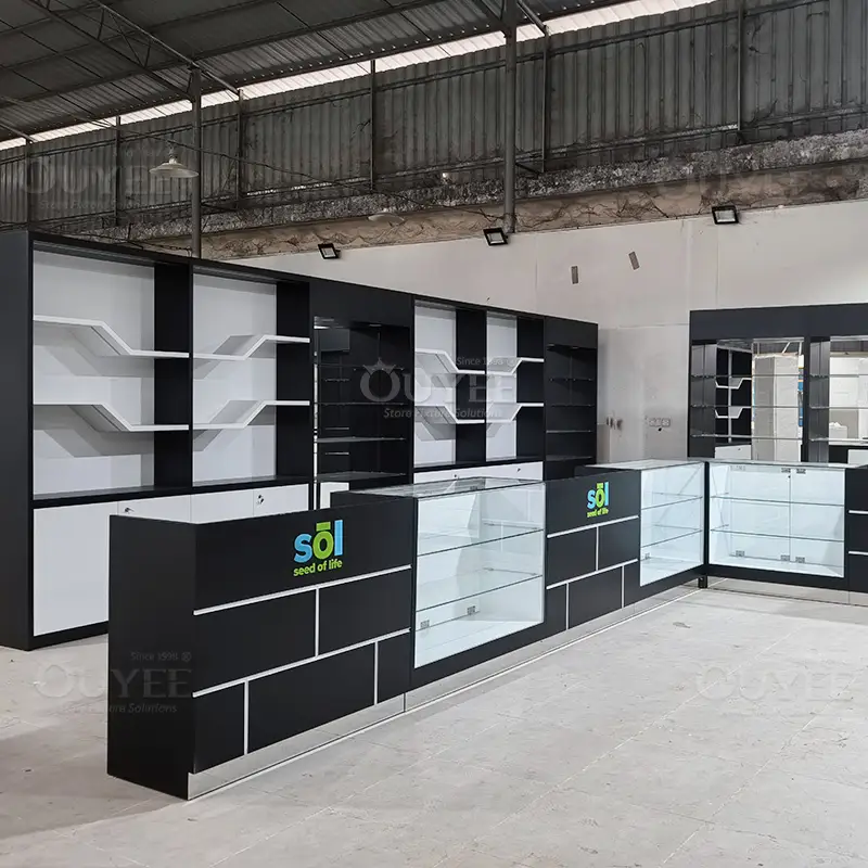 Modern Black Cannabis Dispensary Display Counters with Illuminated Glass Cases 1