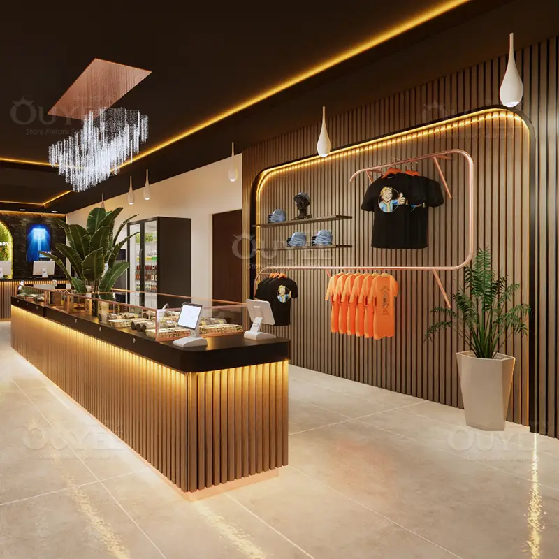 Luxury Custom Dispensary Display Counter with Arched LED Shelving & Wood Slat Base 1