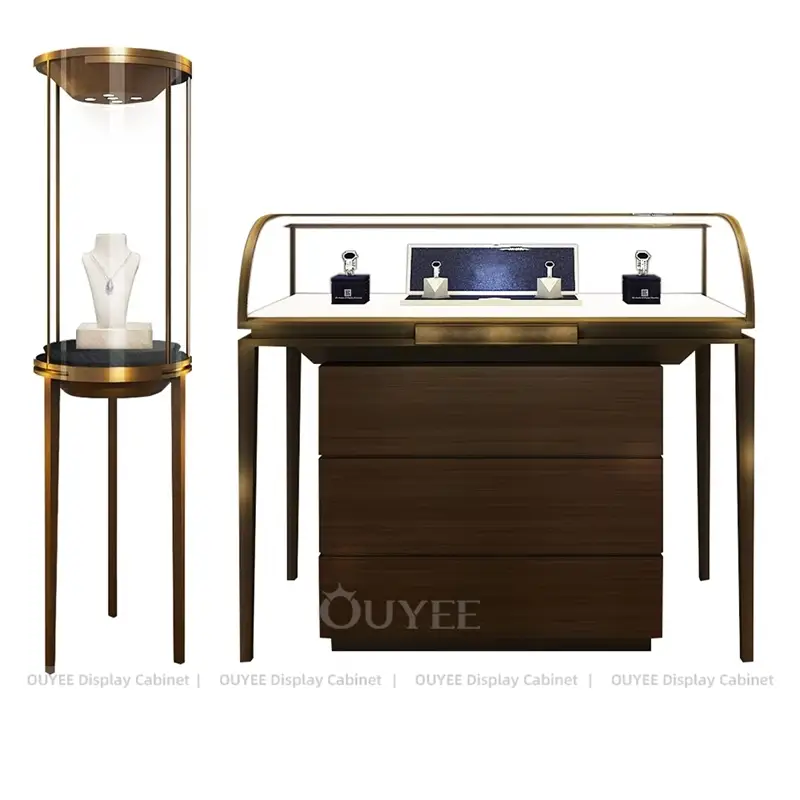 Luxury Jewelry Showcase Table and Pedestal Display Cabinet Set with Glass Top 1