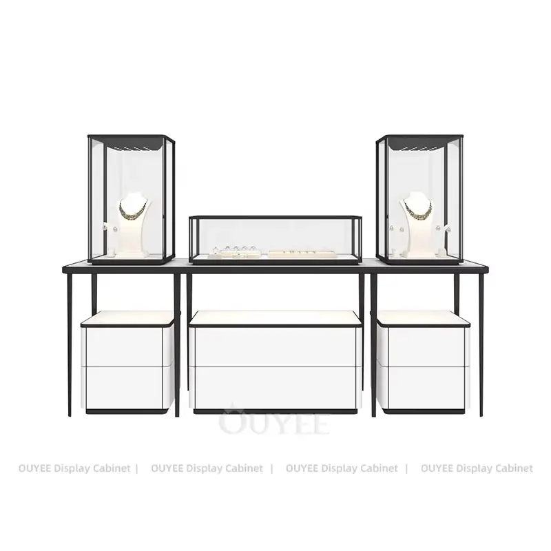 Modern Jewelry Counter Display Set with Tall Glass Showcases and Storage Cabinets 1