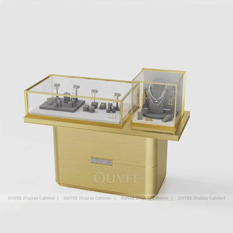 Luxury Jewelry Display Table with Dual Glass Showcases and Gold Base Cabinet 1