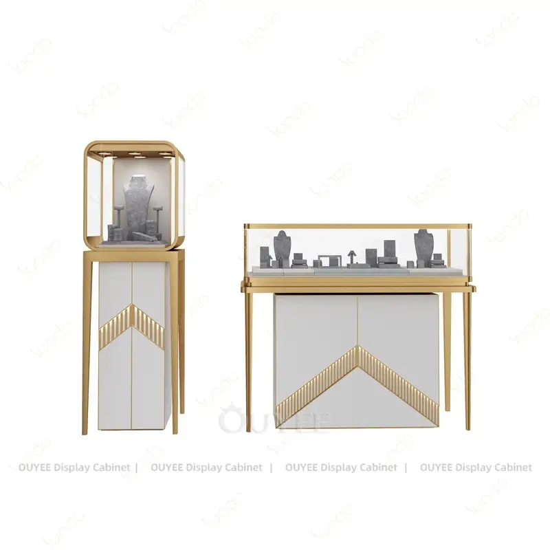 Minimalist Jewelry Display Set with Glass Showcase Table and Pedestal Display Stand 1