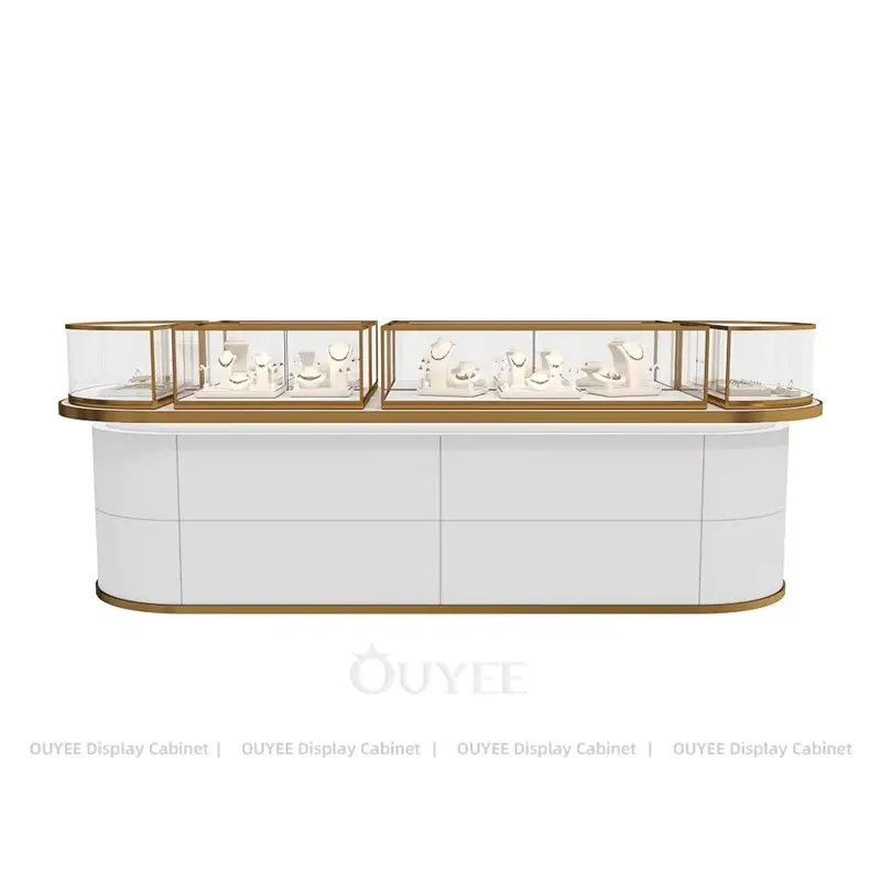 Modern Jewelry Display Island Counter with Multi Glass Showcases and Storage Cabinet 1