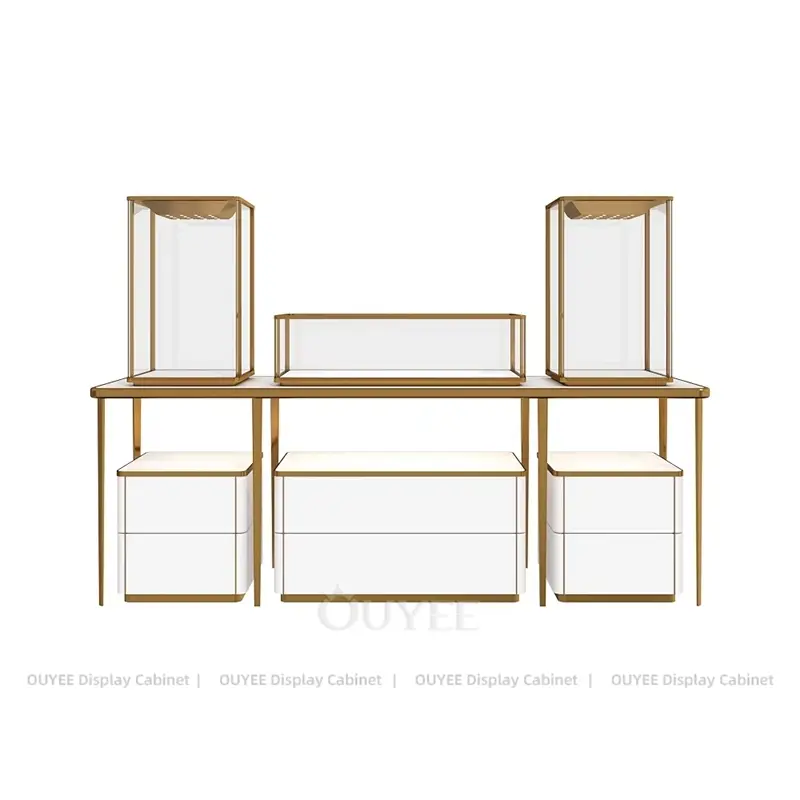 Modern Jewelry Display Table with Glass Showcases and Storage Cabinets 1