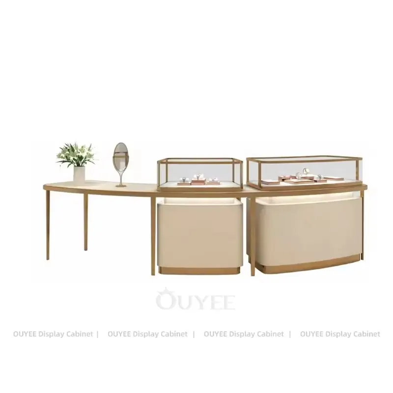 Luxury Jewelry Display Table with Multi Glass Showcases and Curved Counter Design 1