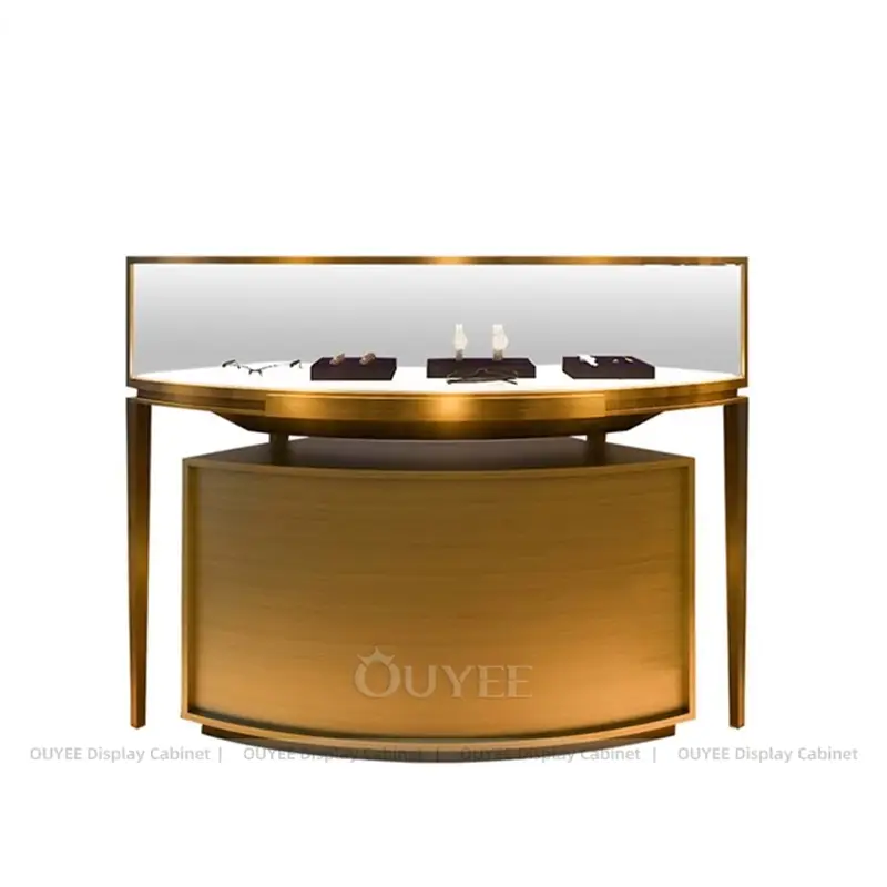 Luxury Curved Jewelry Display Counter with Glass Showcase and Storage Cabinet 1