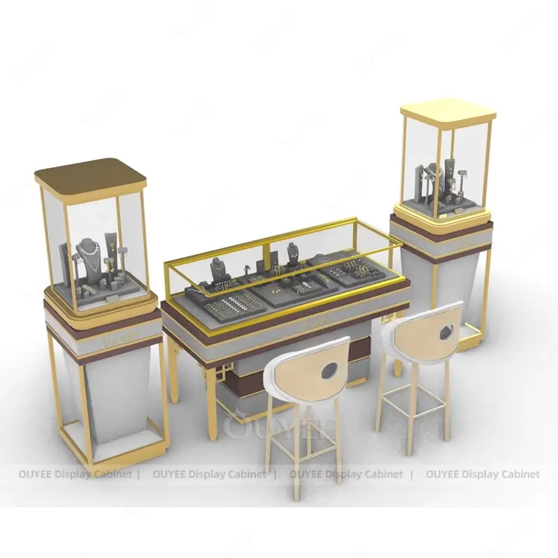 Luxury Jewelry Display Table Set with Glass Showcases and Consultation Seating 1