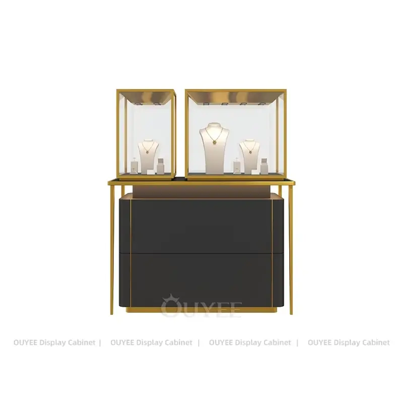 Luxury Jewelry Display Counter with Glass Showcase, Tower Display and Storage Shelves 1