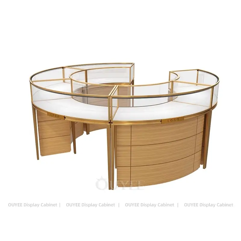 Curved Jewelry Display Counter with Glass Showcase and Storage Cabinet for Luxury Retail 1