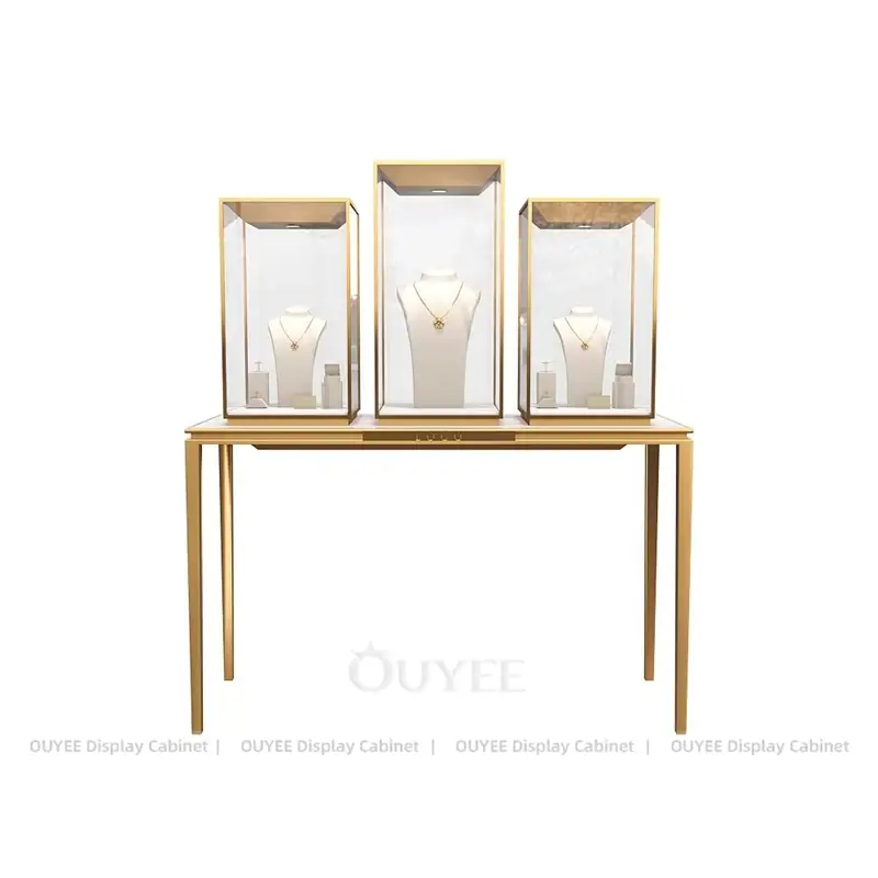Luxury Jewelry Display Table with Triple Tower Showcase and Curved Glass Counter for Retail Stores 1