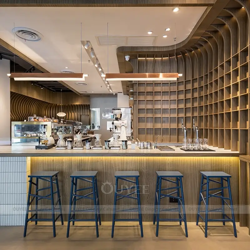 Modern Wood Coffee Bar with Curved Wall Shelving and Bar Seating 1