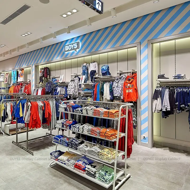 Kids Clothing Store Display Rack System with Wall Units and Center Gondola 1