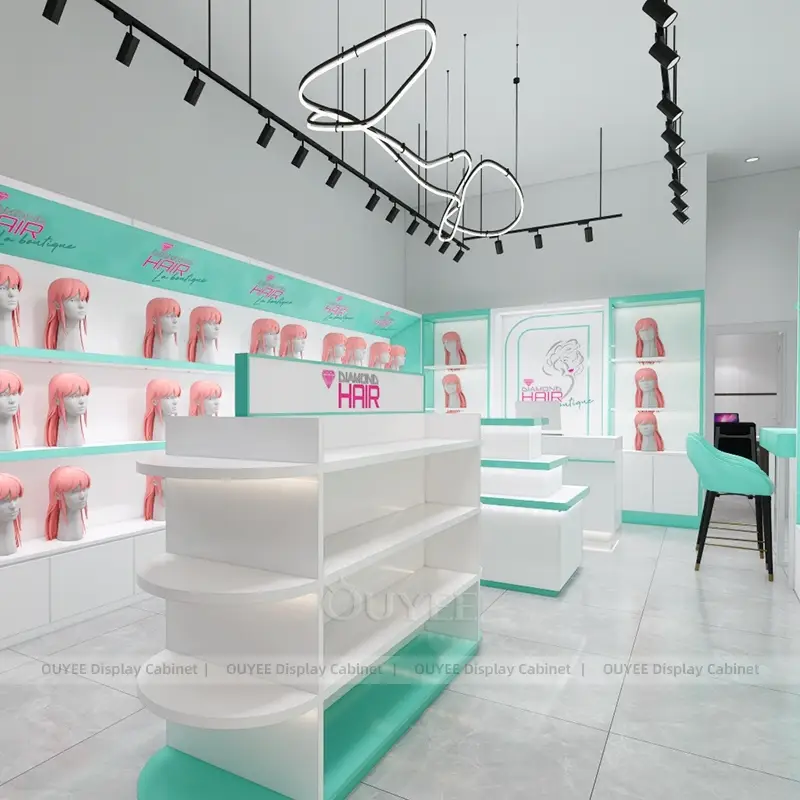 Modern Wig Store Display Fixtures with Counter and Illuminated Shelving 1