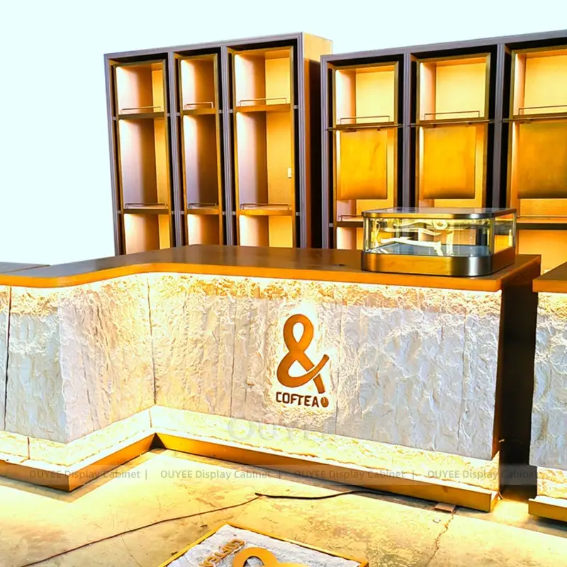 Premium Coffee Counter with Stone Front and Backlit Display Shelving 1