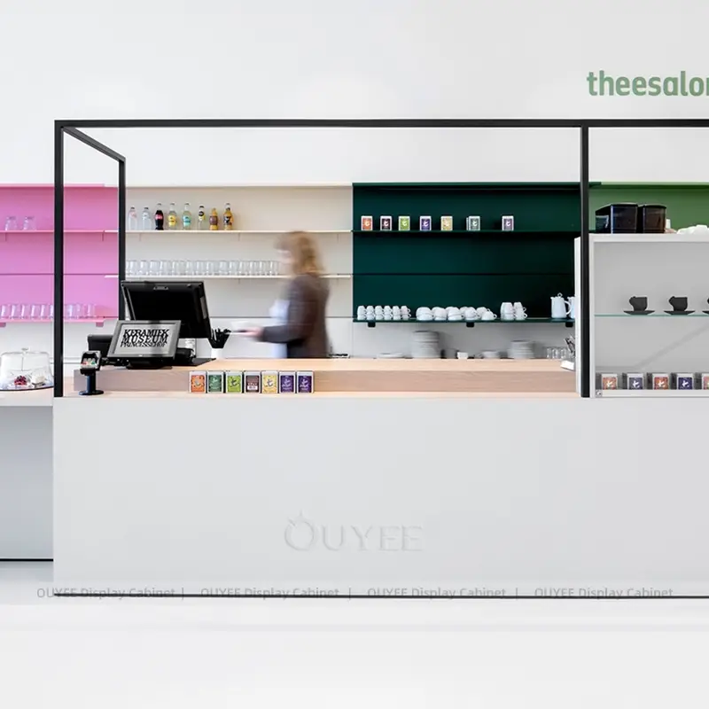 Modern Minimalist Coffee Shop Counter with Open Shelf Display 1