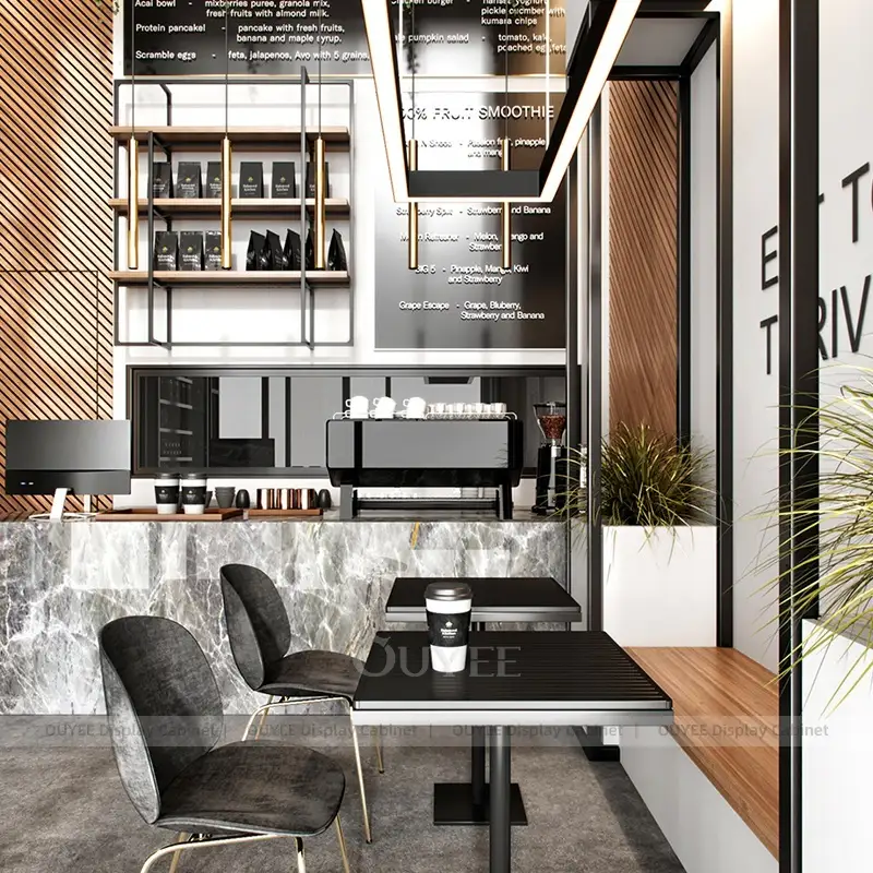 Compact Coffee Shop Counter with Marble Front and Vertical Menu Display 1