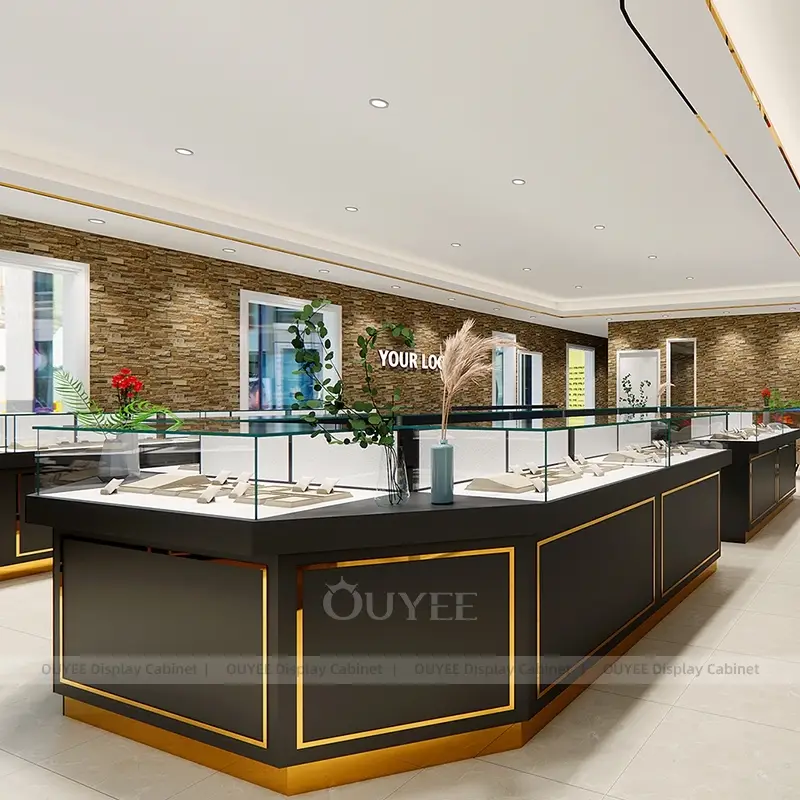 Modern Jewelry Store Island Display Showcase with LED Lighting and Glass Counter 1