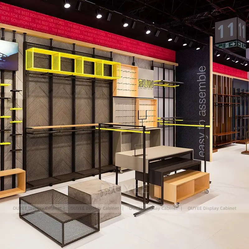 Modular Apparel Display Fixture Set with Wall Shelves and Freestanding Racks 1