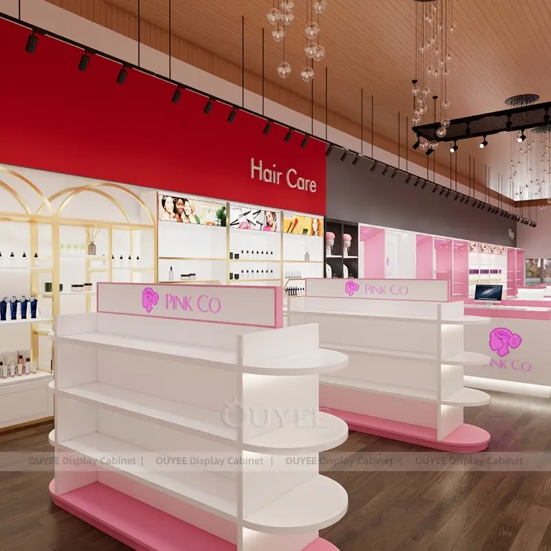 Full Beauty Supply Store Fixture Layout with Wall Cabinets and Center Tables 1