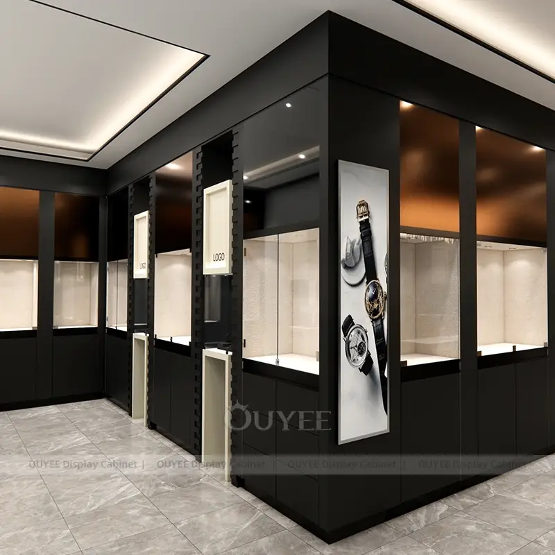 Modern Luxury Jewelry Store Display Cabinets with Central Island Showcase and Brand Lightboxes 1