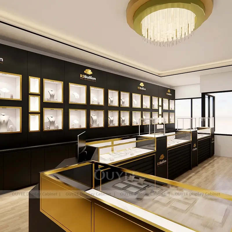 Luxury Gold Frame Jewelry Showcase with Blue Velvet Interior and Glass Counters 1