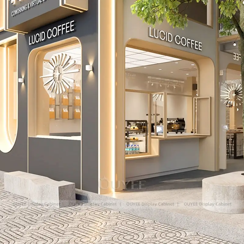 Minimalist Coffee Window Kiosk with Display Case and Light Wood Frame 1