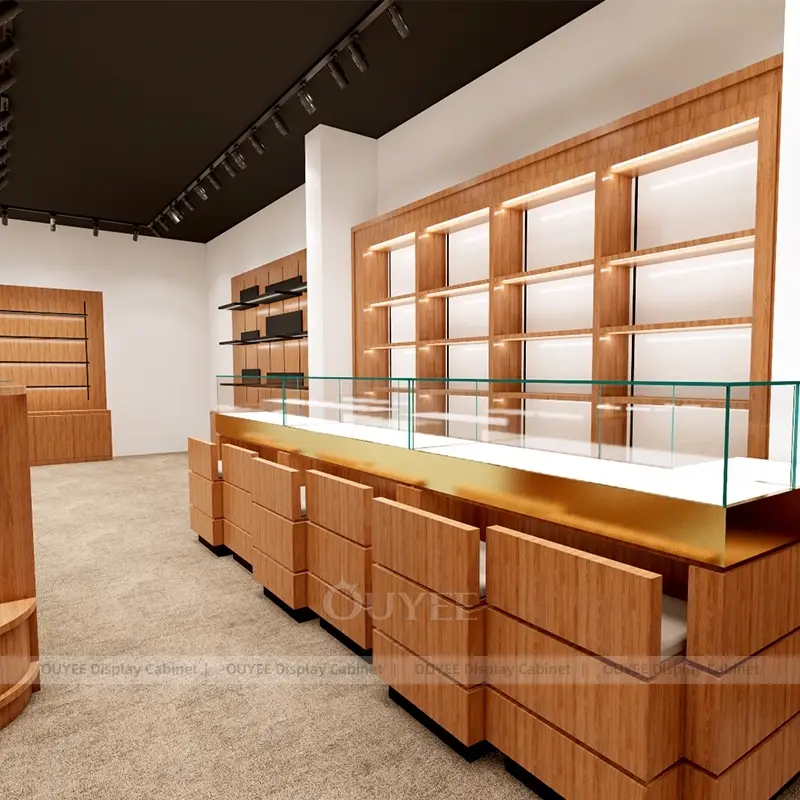 Wooden Jewelry Display Counter with Glass Showcase and Wall Display Shelving 1