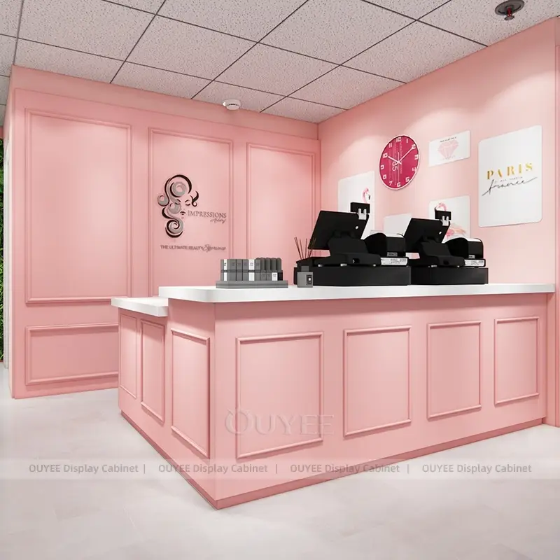 Pink Beauty Store Wall Shelving Display with Promotional Lightbox Header 1