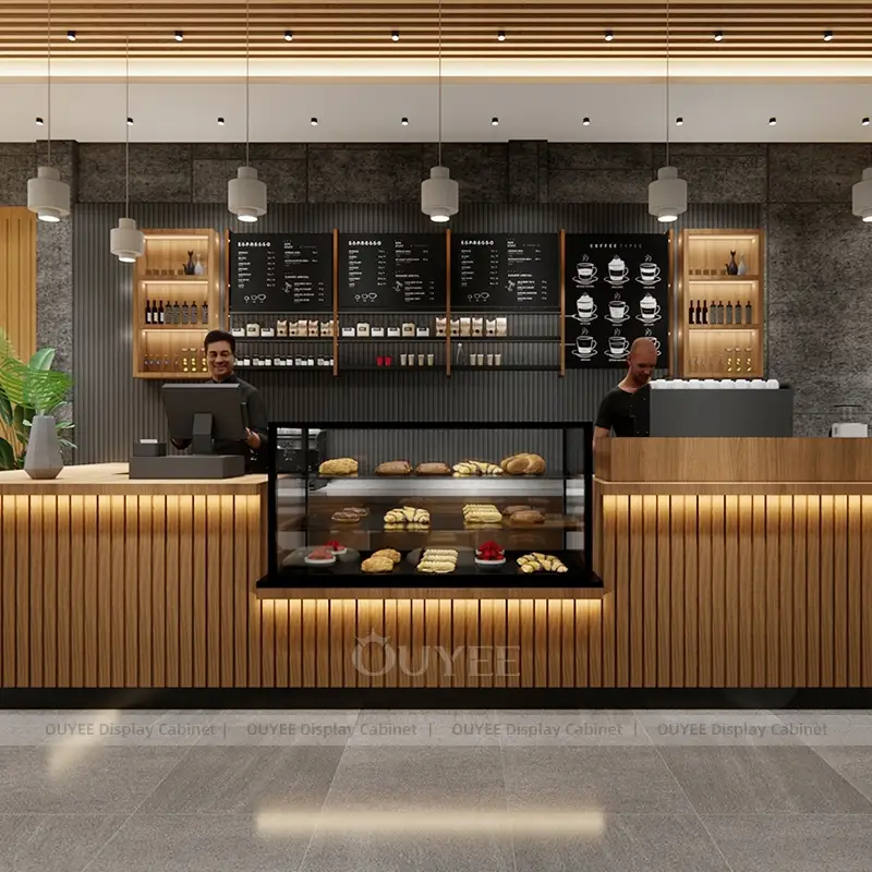 Modern Coffee Counter with Wood Slat Front and Pastry Display Case 1