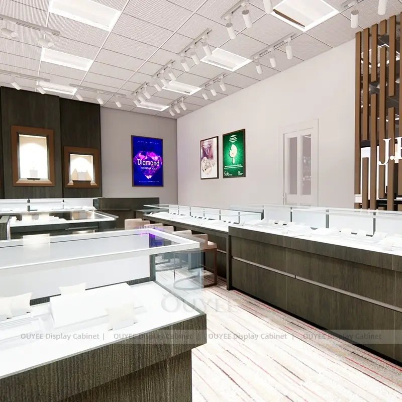 Custom Dark Wood Grain Jewelry Island Showcase for Diamond Stores 1