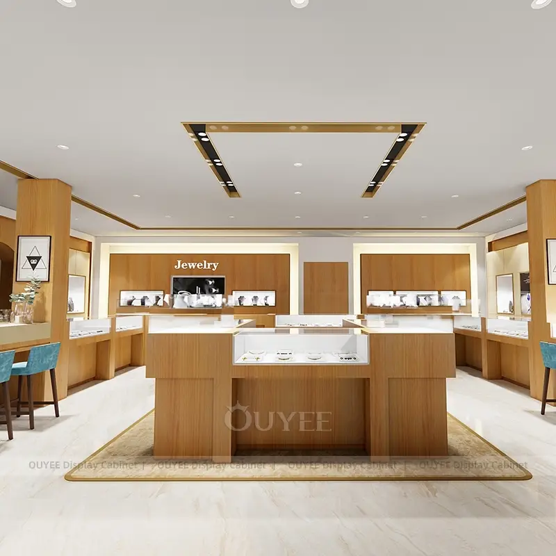 Modern Wooden Jewelry Store Display Counters with Central Island Showcase and Consultation Area 1
